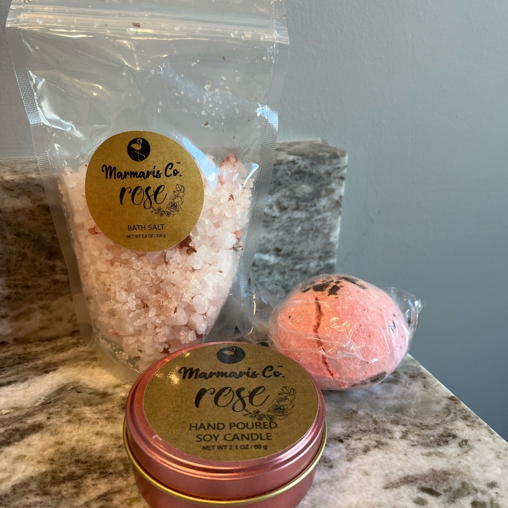 NEW Marmaris Rose 3-piece set 2.1 oz candle in tin, 8.8 oz bath salts & bathbomb
